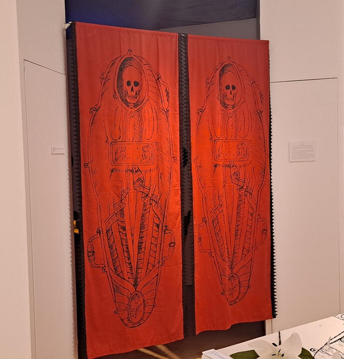 Burial Shrouds (in Red), Silkscreen prints, acrylic-based ink, fabric dye, lace trim, and perfume oil on cotton