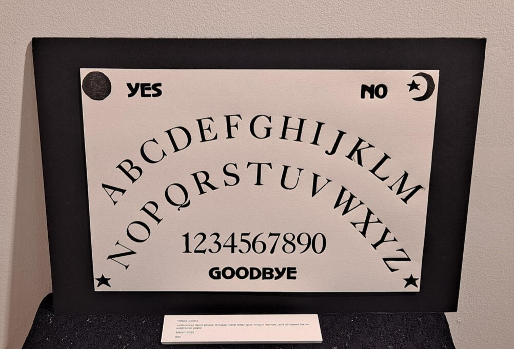 Letterpress Spirit Board, Antique metal letter type, linocut stamps, and oil-based ink on watercolor paper