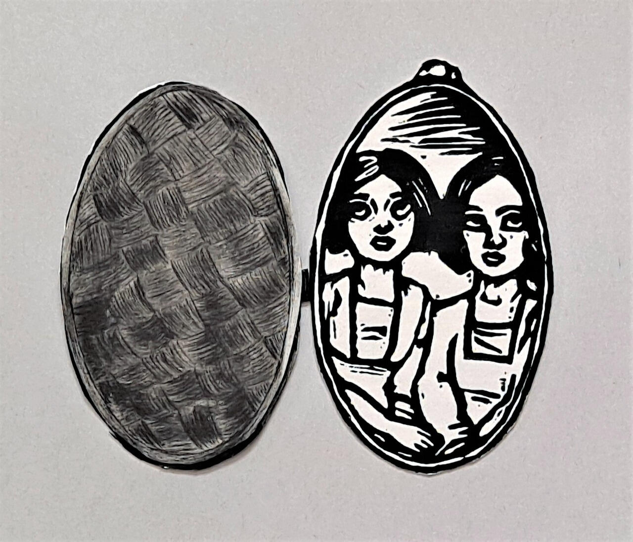 Fox Sisters Locket (open), drypoint etching and linocut on watercolor paper