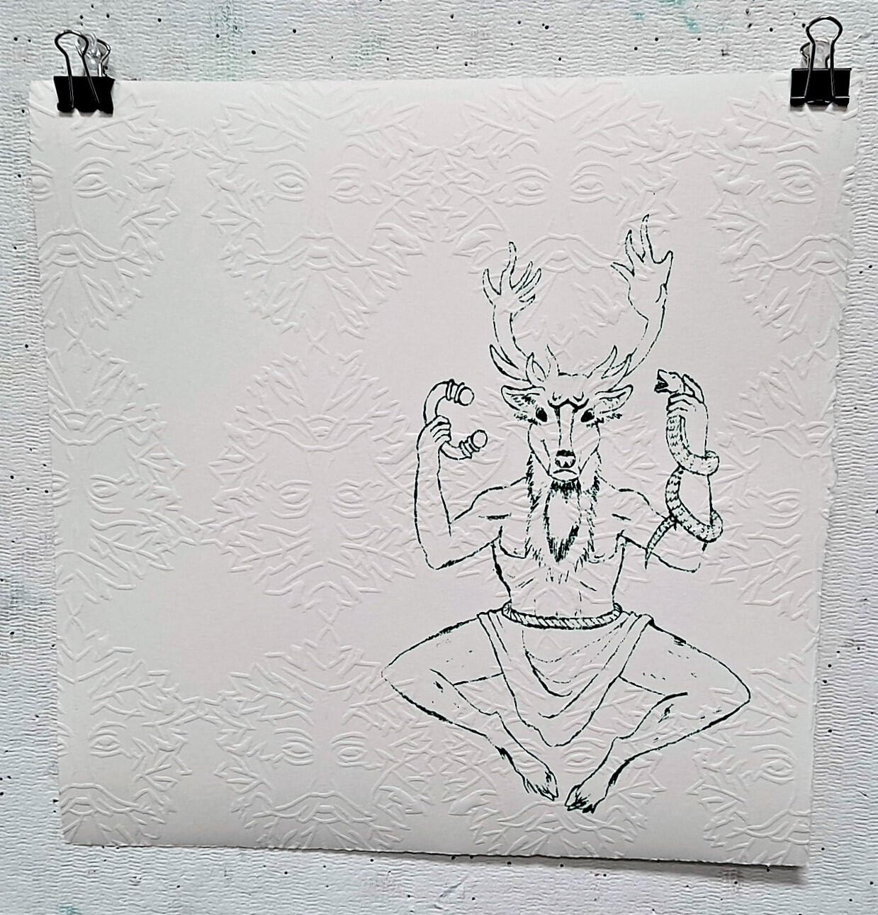 Cernunnos & the Green Man, silkscreen print, acrylic-based ink, and incense on embossed watercolor paper.