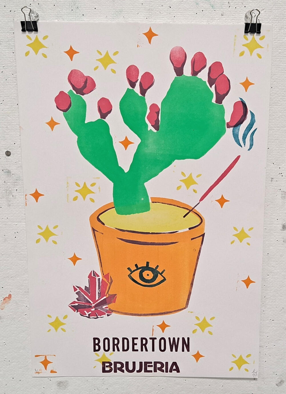 Bordertown Brujeria, paper stencils, acrylic-based ink, foam stamps, and letterpress on watercolor paper