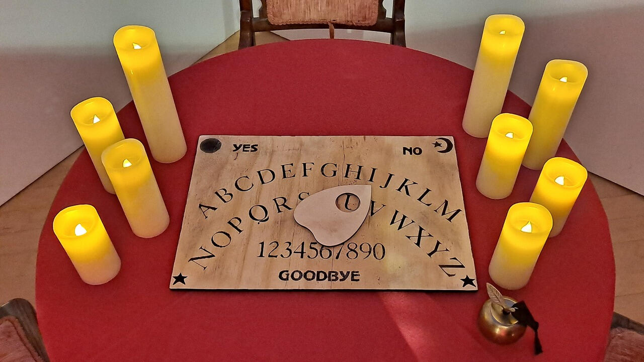 Séance Table - Letterpress Spirit Board, Antique metal letter type, linocut stamps, incense ashes, and oil-based ink on wood