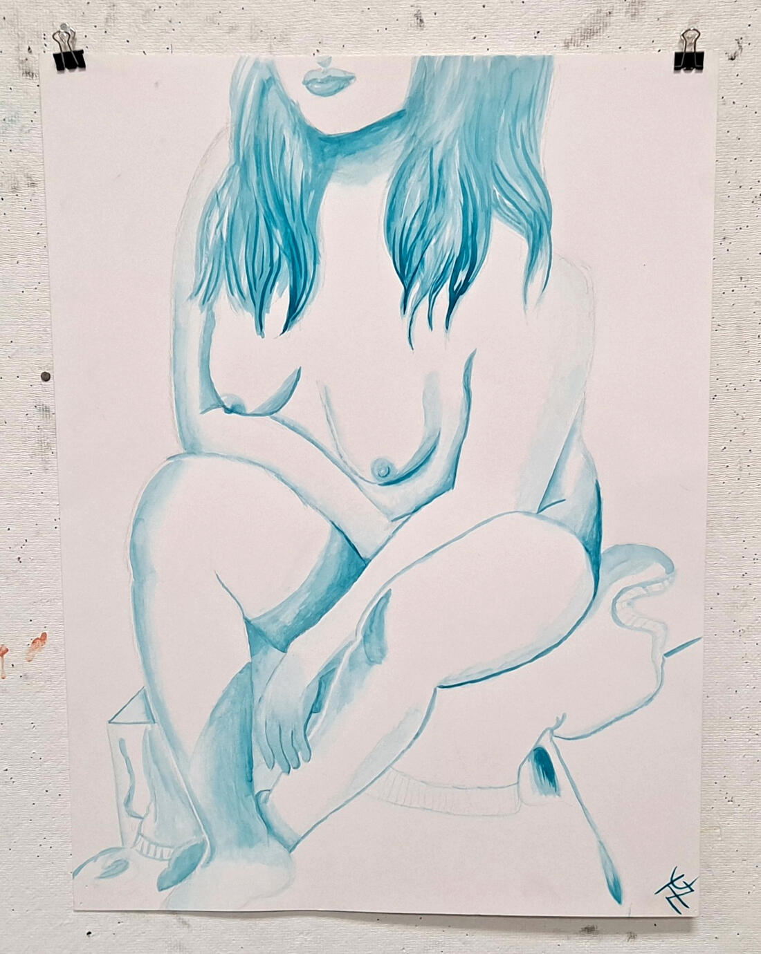 Nude in Cerulean Ink 1, ink on watercolor paper
