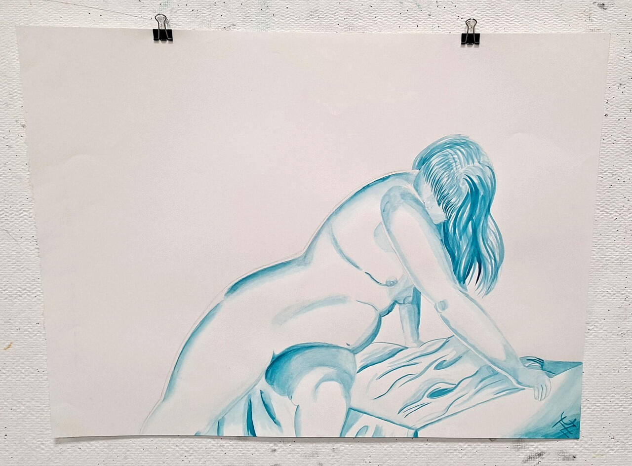 Nude in Cerulean Ink 2, ink on watercolor paper