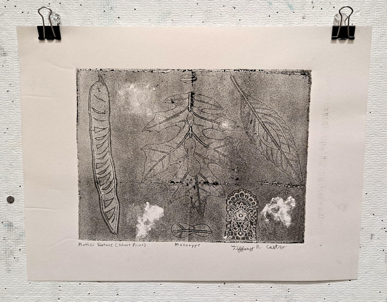 Mother Nature, monotype of pressed leaves and other flora and lace