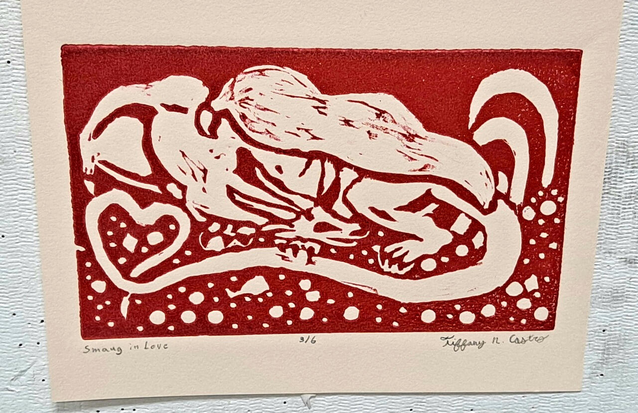 Smaug in Love, linocut on paper
